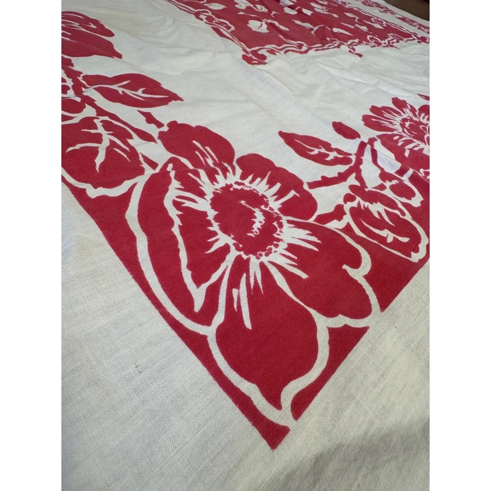 Vintage‎ Red White Floral Square Card Table Tablecloth Screen Print MC 43x43